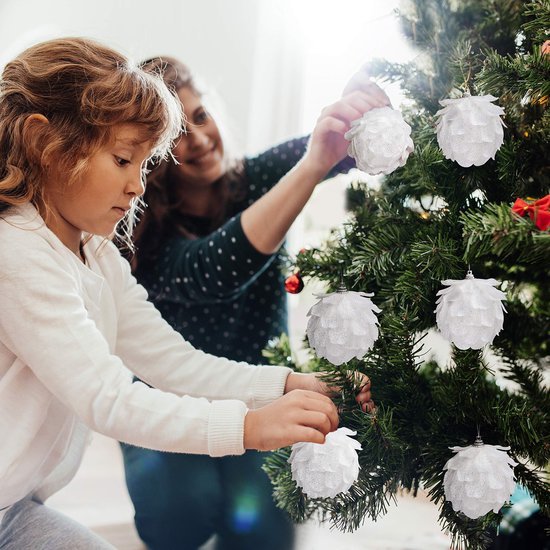 Unyqoos ® Kerstboomversiering dennenappels (4 stuks) - glitterdennenappels - kerstdecoratie zilver met draad - kerstboomversiering wit - kerstboomversiering, wit