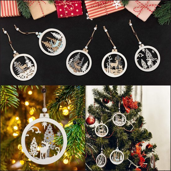Unyqoos ® Houten Kerstdecoratie Set van 5 Stuks met Lasergesneden Ontwerpen voor Feestelijke Versiering