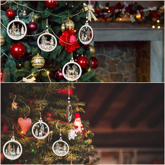 Unyqoos ® Houten Kerstdecoratie Set van 5 Stuks met Lasergesneden Ontwerpen voor Feestelijke Versiering