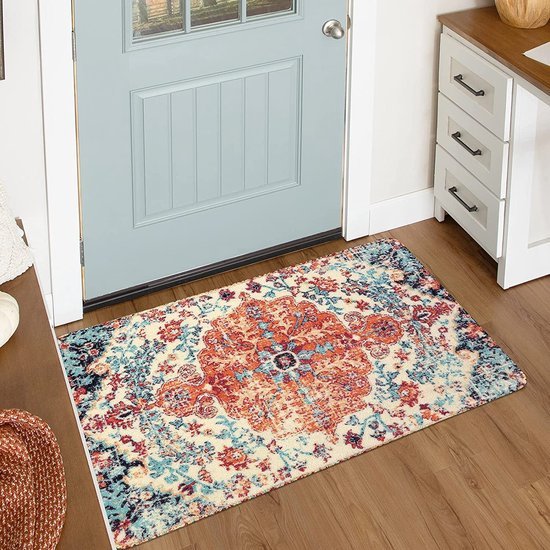 Unyqoos® Kleine boho stijl binnendeurmat 60 x 90 cm met bloemenmedaillon en vintage uitstraling