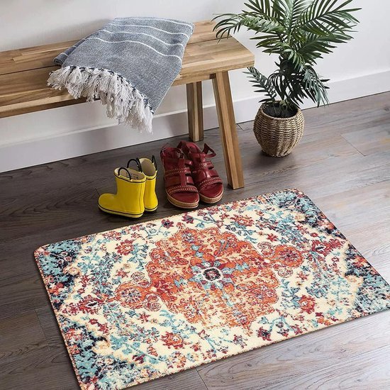 Unyqoos® Kleine boho stijl binnendeurmat 60 x 90 cm met bloemenmedaillon en vintage uitstraling