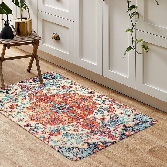 Unyqoos® Kleine boho stijl binnendeurmat 60 x 90 cm met bloemenmedaillon en vintage uitstraling