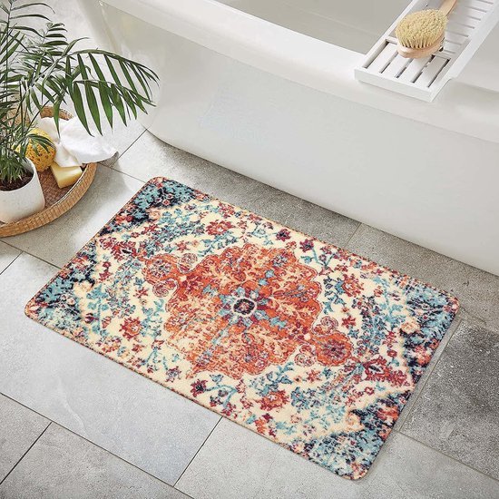 Unyqoos® Kleine boho stijl binnendeurmat 60 x 90 cm met bloemenmedaillon en vintage uitstraling