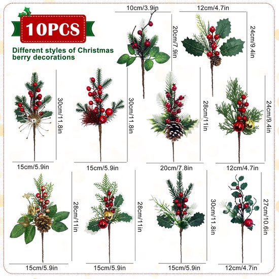 Unyqoos® Set van 10 Kunstkersttakken met Realistische Dennenappels en Bessen voor Decoratie