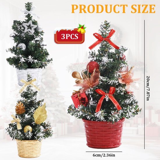 Unyqoos® Set van drie kleurrijke miniatuur kerstbomen voor sfeervolle decoratie