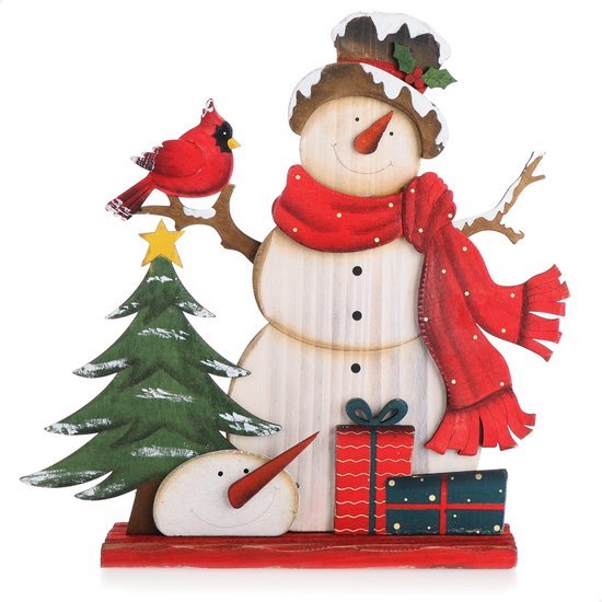 Unyqoos® Houten Sneeuwpop Decoratie met Vogel voor Kerstmis als Cadeau en Sfeermaker