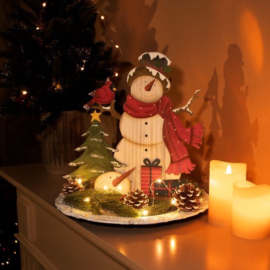 Unyqoos® Houten Sneeuwpop Decoratie met Vogel voor Kerstmis als Cadeau en Sfeermaker
