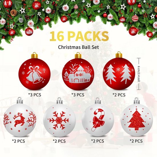 550x550-31931.jpg Unyqoos® Set van 16 rode en witte kunststof kerstballen voor sfeervolle boomdecoratie