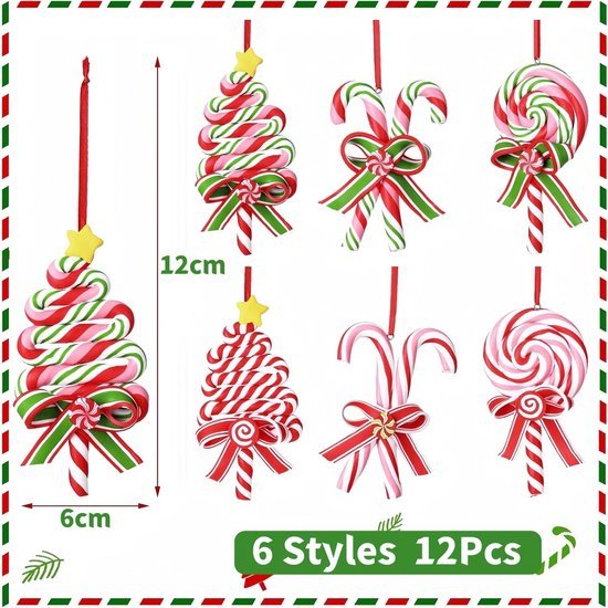 Unyqoos® Set van 12 decoratieve kerstsuikerstokken voor feestelijke boomversiering