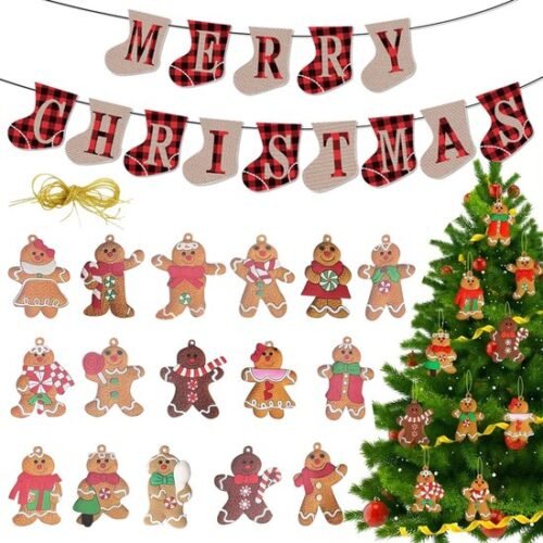Unyqoos® Feestelijke kerstdecoratieset met peperkoekmanornamenten en vrolijke banner