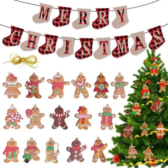Unyqoos® Feestelijke kerstdecoratieset met peperkoekmanornamenten en vrolijke banner