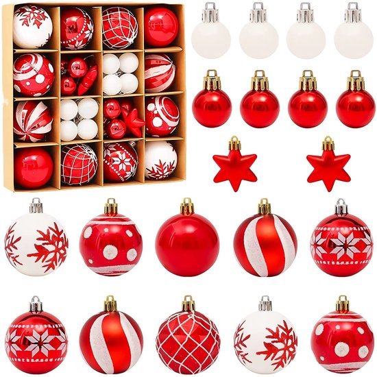 550x550-32225.jpg Unyqoos® Set van 42 Rood-Witte Kunststof Kerstballen met Ophanghaakjes voor Feestelijke Decoratie
