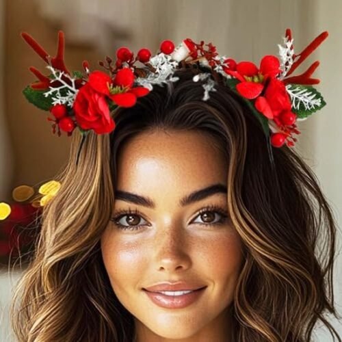 Unyqoos® Elegante kersthaarband met rendiergewei en bloem voor feestelijke gelegenheden