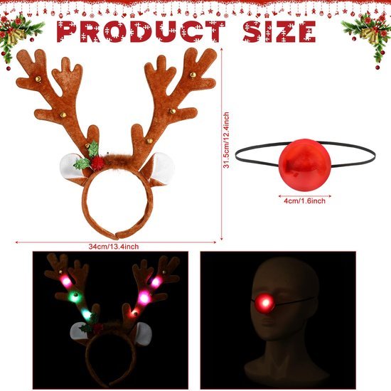 Unyqoos® LED Rendiergewei Haarband Met Rood Neusje Voor Feestelijke Gelegenheden