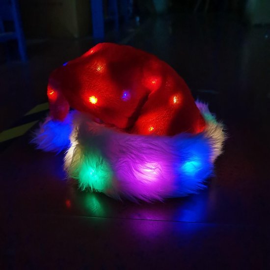 Unyqoos® Rode pluchen kerstmuts met LED-verlichting voor feestelijke gelegenheden