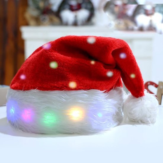 Unyqoos® Rode pluchen kerstmuts met LED-verlichting voor feestelijke gelegenheden