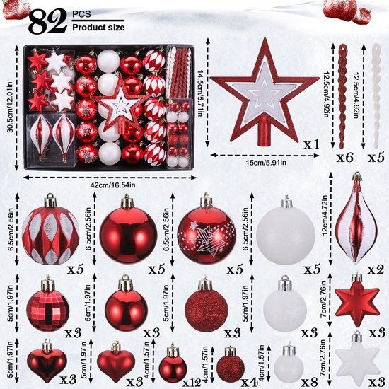 Unyqoos® Uitgebreide set van kerstboomdecoraties met rode en witte kerstballen