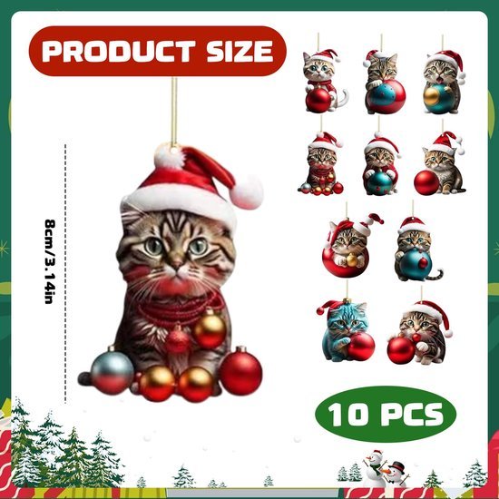 Unyqoos® Set van 10 Acryl Katten Ornamenten voor Kerstboom en Interieurdecoratie