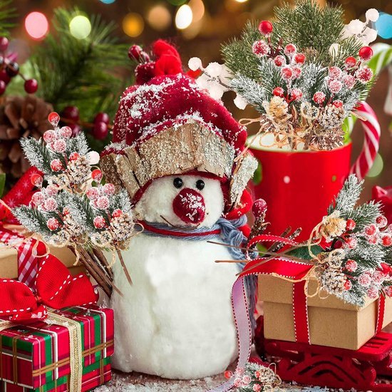 Unyqoos® Set van 10 kunstmatige dennen takken met rode bessen en dennenappels voor kerstdecoratie