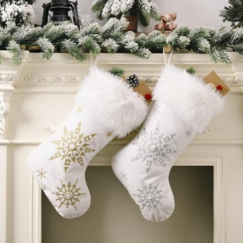 Unyqoos® Set van twee grote kerstkousen met sneeuwvlokkenpatroon voor decoratie