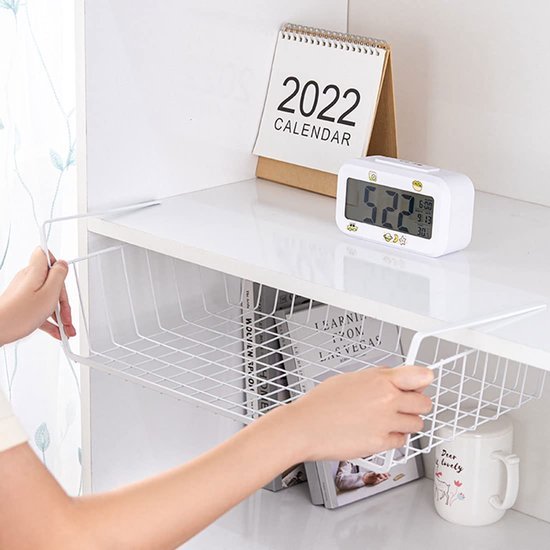Unyqoos ® Onderstelling opbergmand, 2 stuks hangmand, metalen hangmand, rek onder kast, hangmand, metalen mandorganizer, rekmand voor keuken, kantoor, eetkamer, badkamer, kast (wit)
