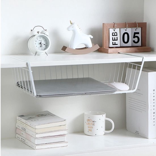 Unyqoos ® Onderstelling opbergmand, 2 stuks hangmand, metalen hangmand, rek onder kast, hangmand, metalen mandorganizer, rekmand voor keuken, kantoor, eetkamer, badkamer, kast (wit)