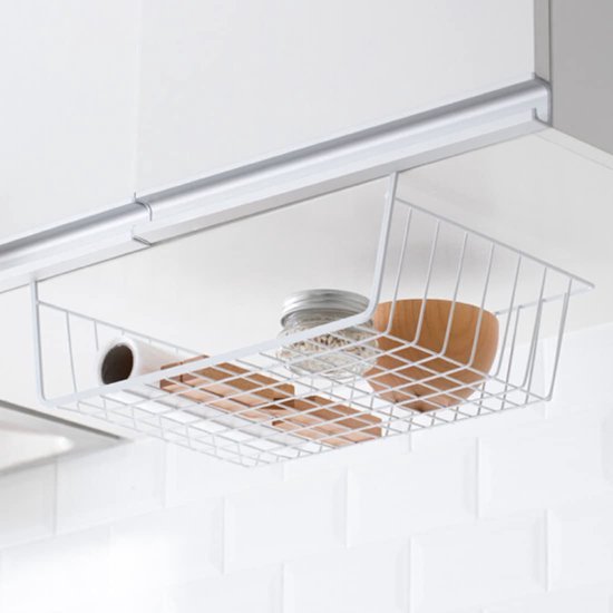Unyqoos ® Onderstelling opbergmand, 2 stuks hangmand, metalen hangmand, rek onder kast, hangmand, metalen mandorganizer, rekmand voor keuken, kantoor, eetkamer, badkamer, kast (wit)