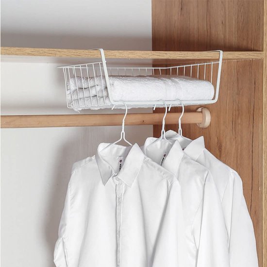 Unyqoos ® Onderstelling opbergmand, 2 stuks hangmand, metalen hangmand, rek onder kast, hangmand, metalen mandorganizer, rekmand voor keuken, kantoor, eetkamer, badkamer, kast (wit)