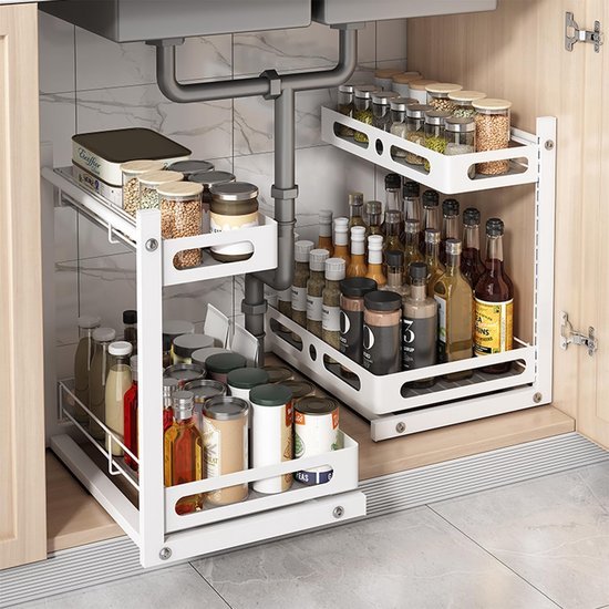 Unyqoos ® Verstelbare 2-Lagen Keukenkast- en Wastafel Organizer met Haken voor Optimale Opbergruimte