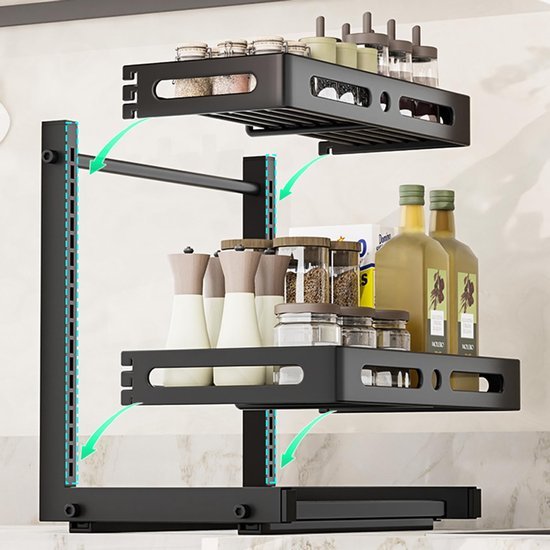 Unyqoos ® Verstelbare 2-Lagen Keukenkast- en Wastafel Organizer met Haken voor Optimale Opbergruimte