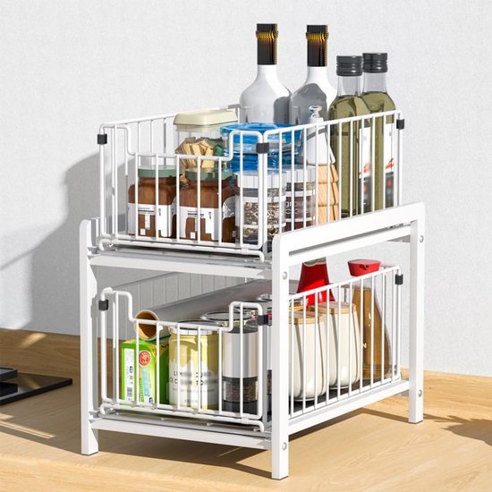 Unyqoos ® Stijlvol en Praktisch Keuken- en Badkamer Organisatierek met Dubbele Schuifmanden voor Efficiëntie