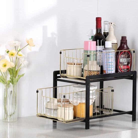 Unyqoos ® Stijlvol en Praktisch Keuken- en Badkamer Organisatierek met Dubbele Schuifmanden voor Efficiëntie