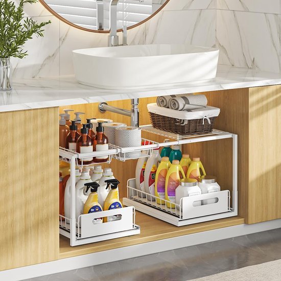 Unyqoos ® Uittrekbare Onderkast Organizer met Verstelbare Niveaus voor Keuken en Badkamer Opslagoptimalisatie