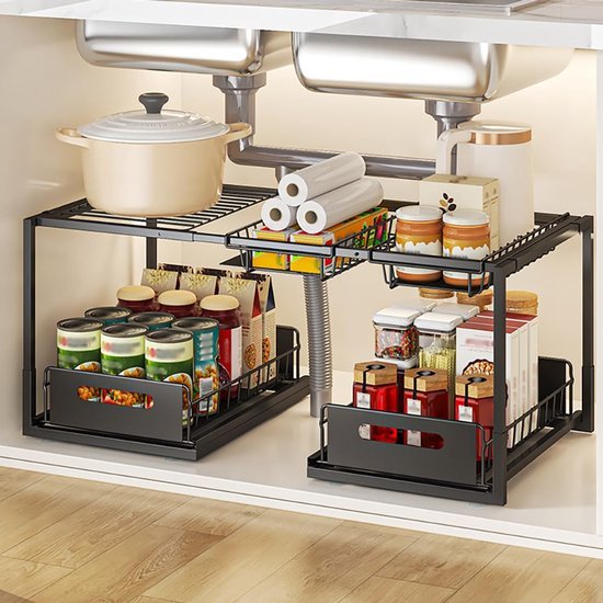Unyqoos ® Uittrekbare Onderkast Organizer met Verstelbare Niveaus voor Keuken en Badkamer Opslagoptimalisatie