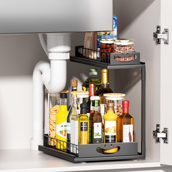 Unyqoos ® Stijlvolle Twee-Lagen Wastafel Organizer met Uittrekbare Lade en Zuignap in Zwart Metaal