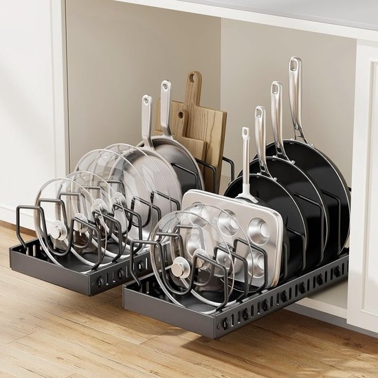 Unyqoos® Uittrekbare Potten- en Pannenorganizer Set van 2 met Verstelbare Scheidingswanden voor Keukenkast