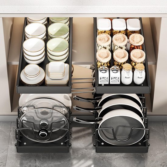 Unyqoos® Uittrekbare Potten- en Pannenorganizer Set van 2 met Verstelbare Scheidingswanden voor Keukenkast