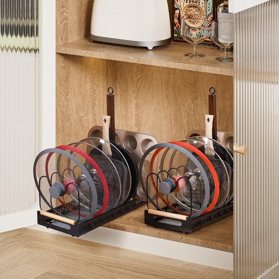 Unyqoos ® Pannen- en Dekselsorteerder voor Keukenkast met Uittrekbare Functie en Steendroogmat, Zwart