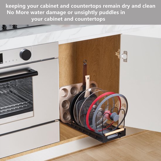Unyqoos ® Pannen- en Dekselsorteerder voor Keukenkast met Uittrekbare Functie en Steendroogmat, Zwart