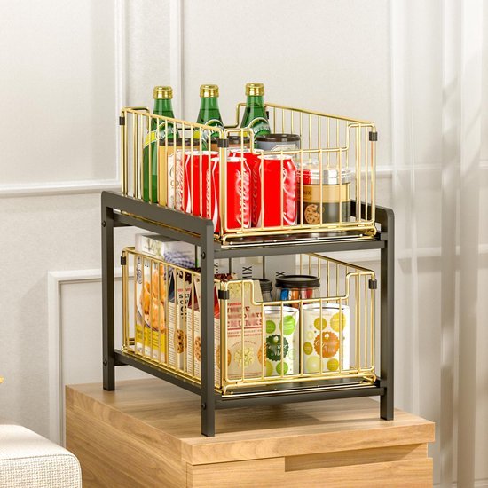 Unyqoos ® Multifunctioneel Keuken- en Badkamerrek met Dubbele Schuifmanden voor Efficiënte Opslagoplossingen