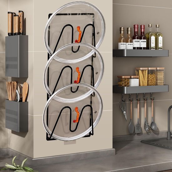 Unyqoos® Zelfklevende wandhouderset voor pannendeksels, ruimtebesparende oplossing zonder boren voor de keuken
