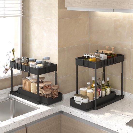 550x550-33430.jpg Unyqoos® Uittrekbare Dubbele Organizer met Haken voor Onder de Wastafel, Verstelbaar en Ruimtebesparend