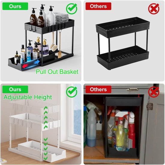 550x550-33434.jpg Unyqoos® Uittrekbare Dubbele Organizer met Haken voor Onder de Wastafel, Verstelbaar en Ruimtebesparend