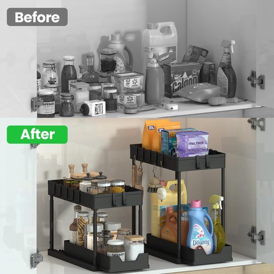 550x550-33435.jpg Unyqoos® Uittrekbare Dubbele Organizer met Haken voor Onder de Wastafel, Verstelbaar en Ruimtebesparend