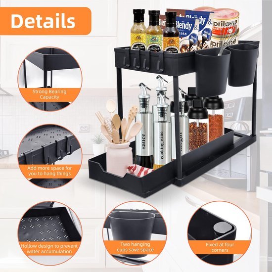 Unyqoos® Veelzijdige 2-laagse Organizer voor Onder de Gootsteen Met Haken en Schuifladen