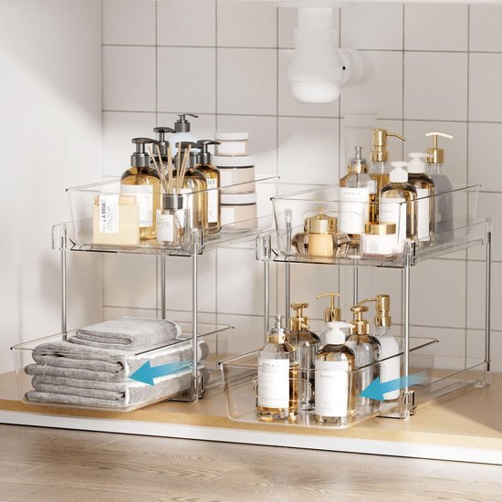 Unyqoos® Multifunctionele Dubbel Laagse Organizer voor Keuken en Badkamer, Set van 2 Stuks met Uittrekbare Lade