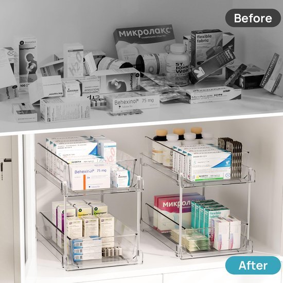 Unyqoos® Multifunctionele Dubbel Laagse Organizer voor Keuken en Badkamer, Set van 2 Stuks met Uittrekbare Lade