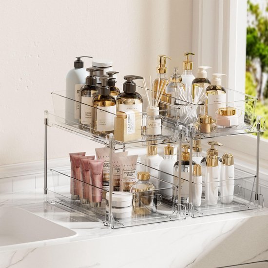 Unyqoos® Multifunctionele Dubbel Laagse Organizer voor Keuken en Badkamer, Set van 2 Stuks met Uittrekbare Lade