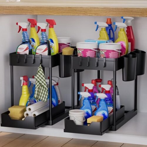 Unyqoos® Multifunctionele Keuken en Badkamer Organizer met Uitschuifbare Laden en Extra Haken Zwart Set van 2