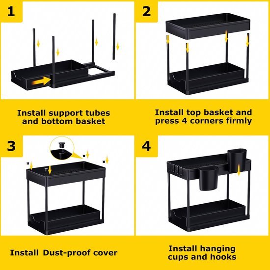 Unyqoos® Multifunctionele Keuken en Badkamer Organizer met Uitschuifbare Laden en Extra Haken Zwart Set van 2